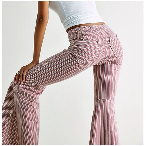 Free People Be Mine Denim Flare Jeans size 27 red white stripe heart We the Free - Picture 2 of 11
